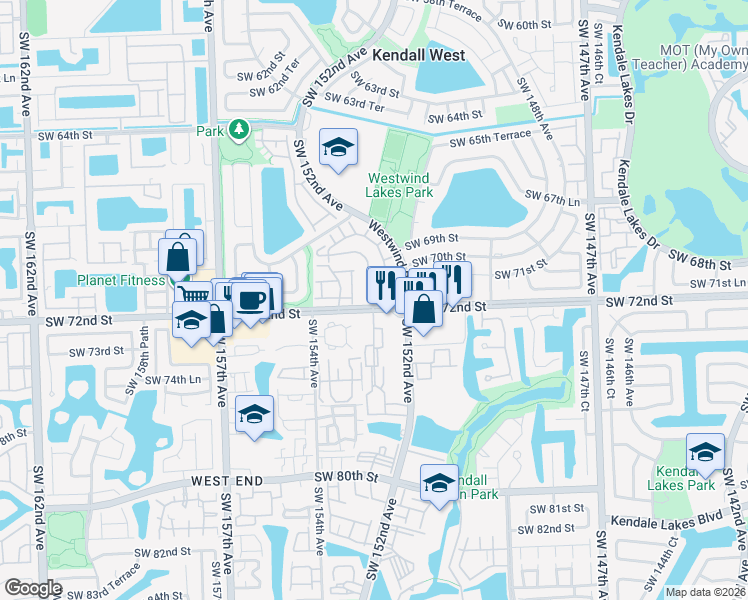 map of restaurants, bars, coffee shops, grocery stores, and more near 7188 Southwest 152nd Place in Miami