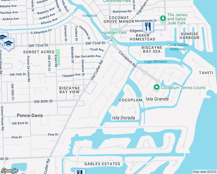 map of restaurants, bars, coffee shops, grocery stores, and more near 7521 Los Pinos Boulevard in Coral Gables