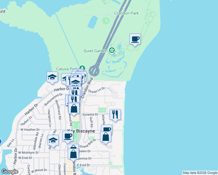 map of restaurants, bars, coffee shops, grocery stores, and more near 177 Ocean Lane Drive in Key Biscayne