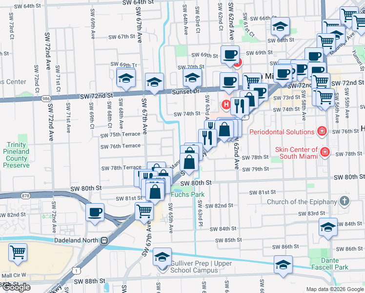 map of restaurants, bars, coffee shops, grocery stores, and more near 7630 Southwest 64th Court in South Miami