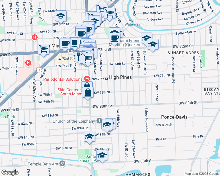 map of restaurants, bars, coffee shops, grocery stores, and more near 7726 Southwest 54th Avenue in Miami