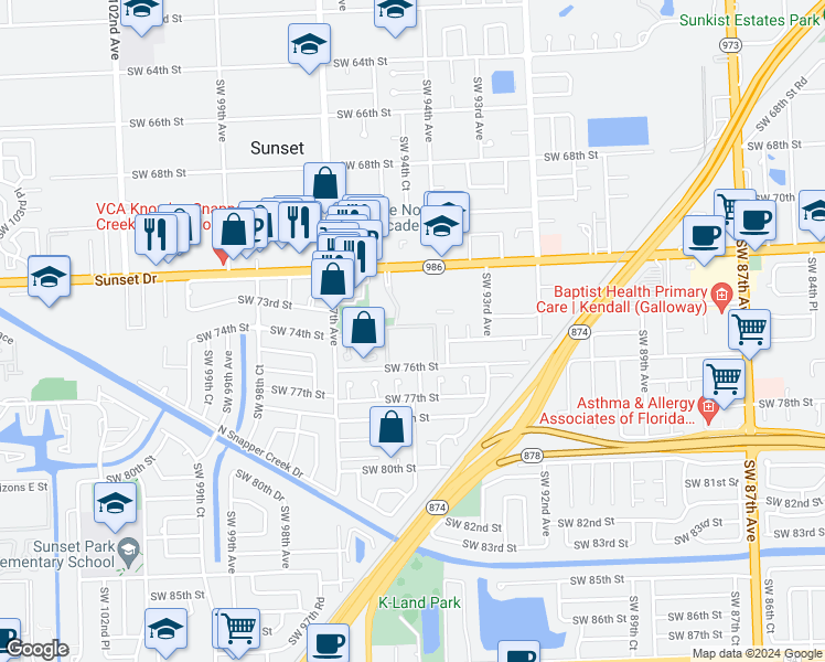 map of restaurants, bars, coffee shops, grocery stores, and more near 53 Southwest 93rd Place in Miami