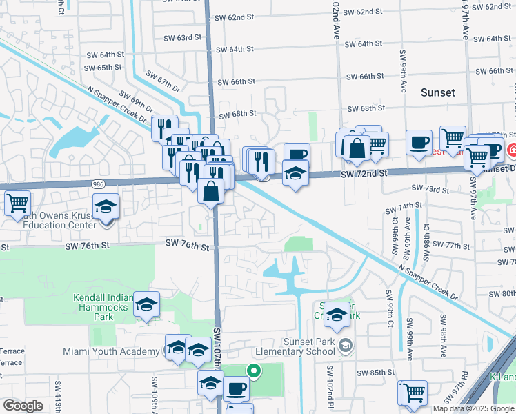map of restaurants, bars, coffee shops, grocery stores, and more near 7354 Southwest 105th Place in Miami