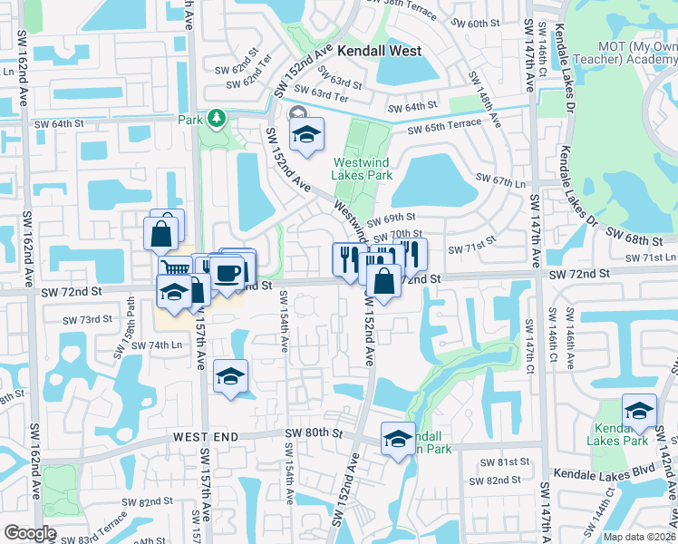 map of restaurants, bars, coffee shops, grocery stores, and more near 7188 Southwest 152nd Place in Miami