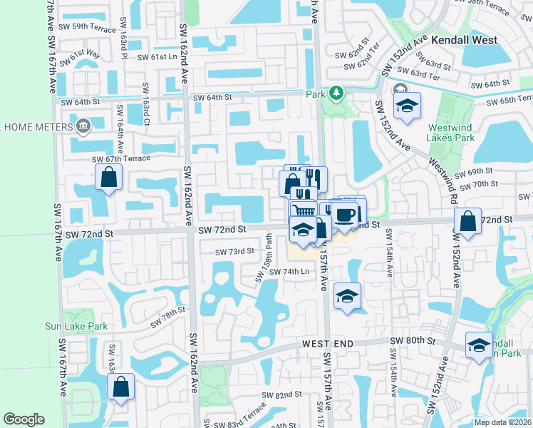 map of restaurants, bars, coffee shops, grocery stores, and more near 15862 Southwest 71st Street in Miami
