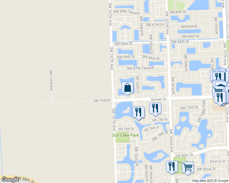 map of restaurants, bars, coffee shops, grocery stores, and more near 7058 Southwest 166th Place in Miami