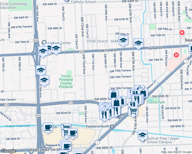 map of restaurants, bars, coffee shops, grocery stores, and more near 7002 Southwest 76th Street in Miami