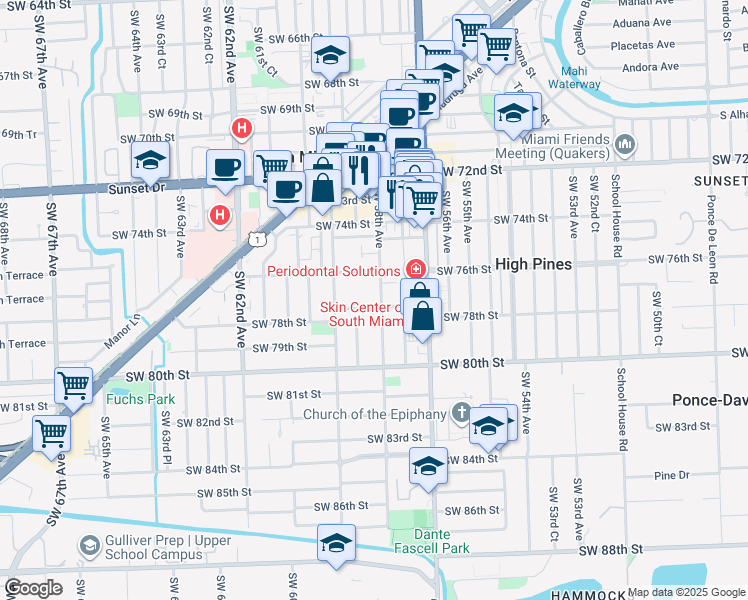 map of restaurants, bars, coffee shops, grocery stores, and more near 5801 Southwest 77th Terrace in South Miami
