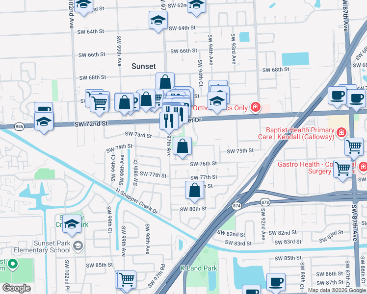 map of restaurants, bars, coffee shops, grocery stores, and more near 9641 Southwest 74th Street in Miami