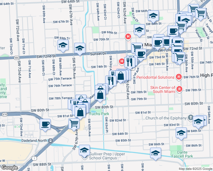 map of restaurants, bars, coffee shops, grocery stores, and more near 6356 Manor Lane in South Miami