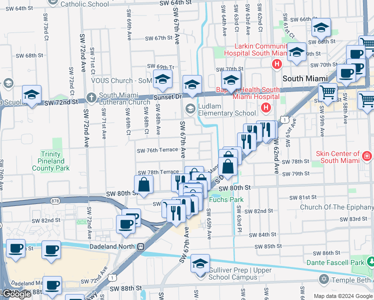 map of restaurants, bars, coffee shops, grocery stores, and more near 7631 Southwest 67th Avenue in South Miami