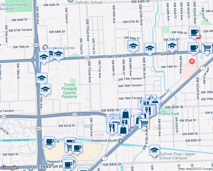 map of restaurants, bars, coffee shops, grocery stores, and more near 7002 Southwest 76th Street in Miami