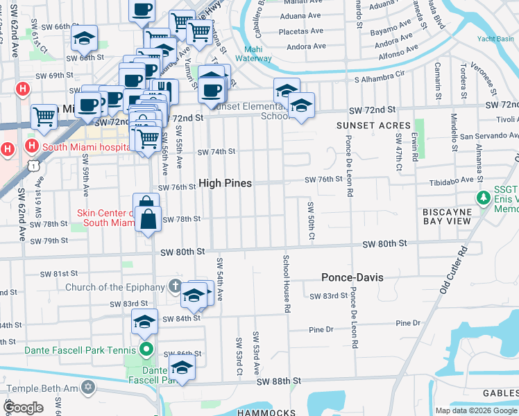 map of restaurants, bars, coffee shops, grocery stores, and more near 7731 Southwest 53rd Avenue in Miami