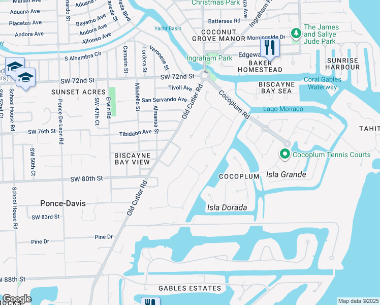 map of restaurants, bars, coffee shops, grocery stores, and more near 7556 Los Pinos Boulevard in Coral Gables