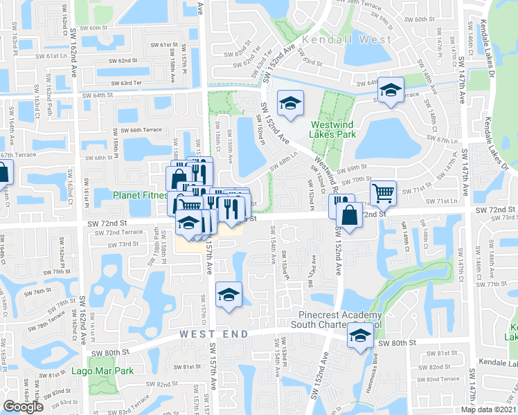 map of restaurants, bars, coffee shops, grocery stores, and more near 15414 Southwest 71st Street in Miami