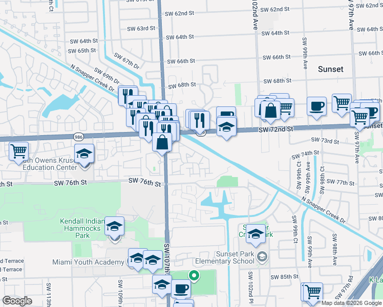 map of restaurants, bars, coffee shops, grocery stores, and more near 7354 Southwest 105th Place in Miami