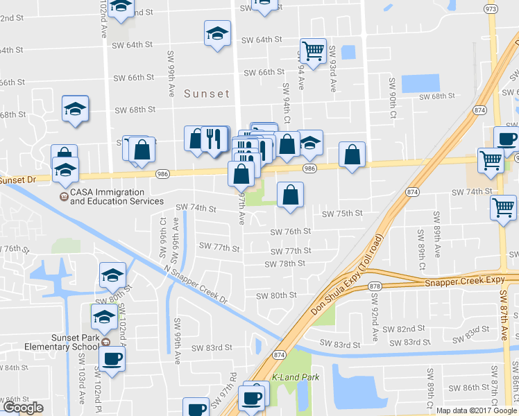 map of restaurants, bars, coffee shops, grocery stores, and more near 9641 Southwest 74th Street in Miami
