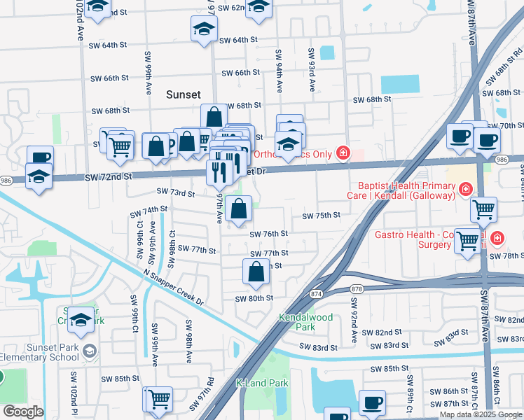 map of restaurants, bars, coffee shops, grocery stores, and more near 53 Southwest 93rd Place in Miami