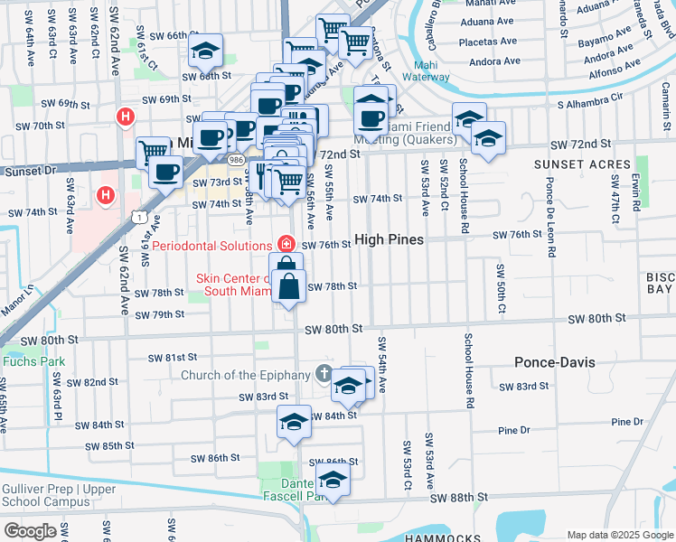 map of restaurants, bars, coffee shops, grocery stores, and more near 7721 Southwest 55th Avenue in Miami