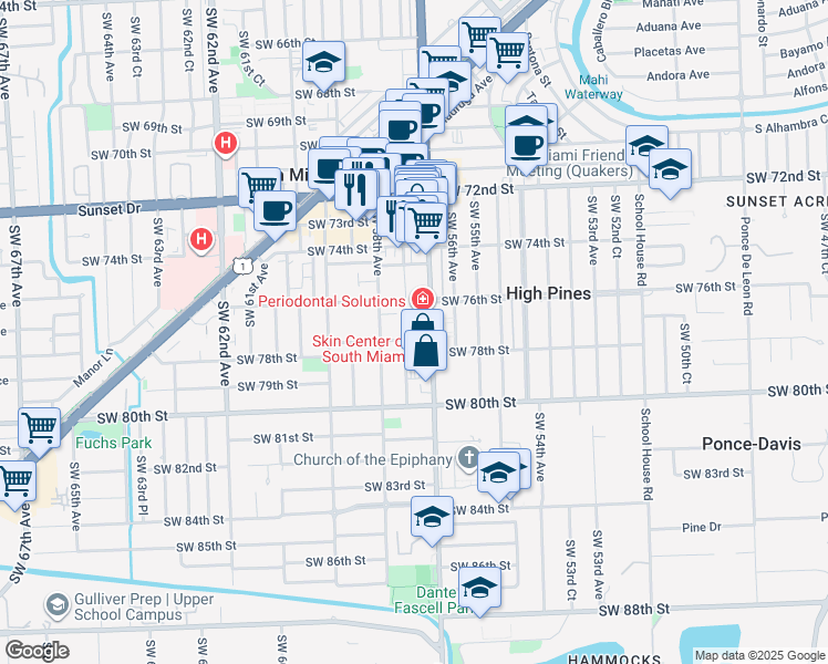 map of restaurants, bars, coffee shops, grocery stores, and more near 5735 Southwest 77th Terrace in South Miami