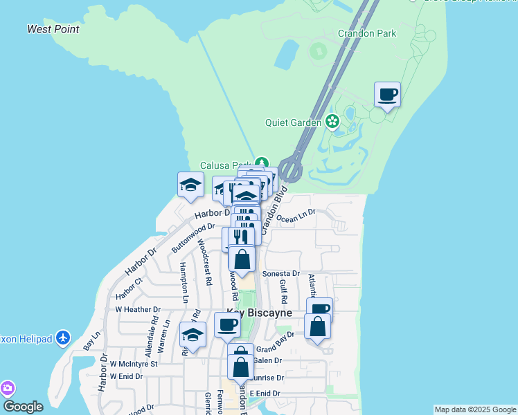 map of restaurants, bars, coffee shops, grocery stores, and more near 21 Harbor Drive in Key Biscayne