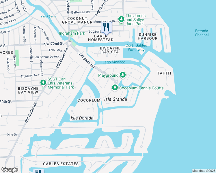 map of restaurants, bars, coffee shops, grocery stores, and more near 174 Isla Dorada Boulevard in Coral Gables