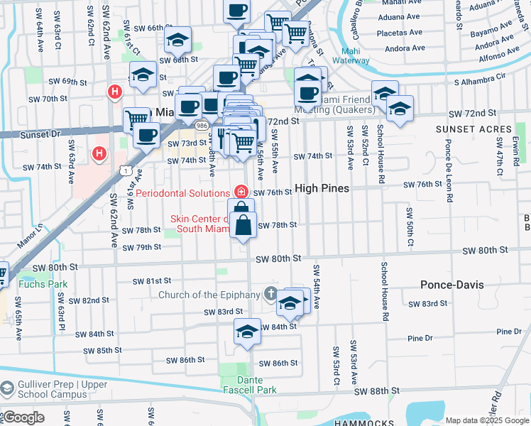 map of restaurants, bars, coffee shops, grocery stores, and more near 7716 Southwest 56th Avenue in Miami