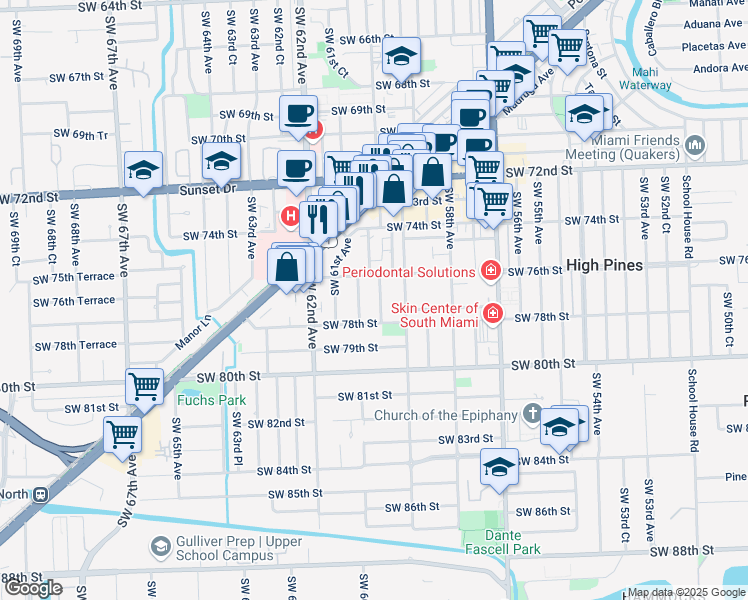 map of restaurants, bars, coffee shops, grocery stores, and more near 7634 Southwest 59th Court in South Miami