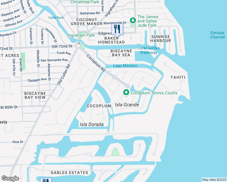 map of restaurants, bars, coffee shops, grocery stores, and more near 7180 East Lago Drive in Coral Gables