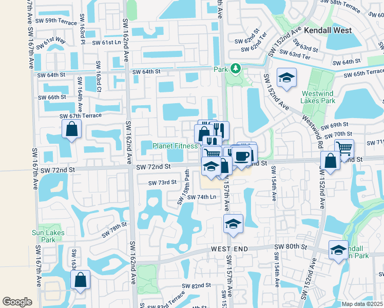 map of restaurants, bars, coffee shops, grocery stores, and more near 15862 Southwest 71st Street in Miami