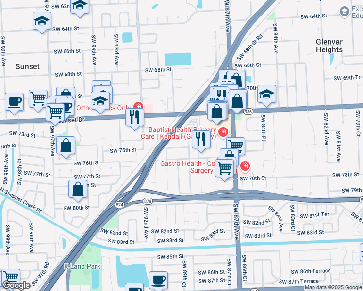 map of restaurants, bars, coffee shops, grocery stores, and more near 8925 Southwest 75th Street in Miami