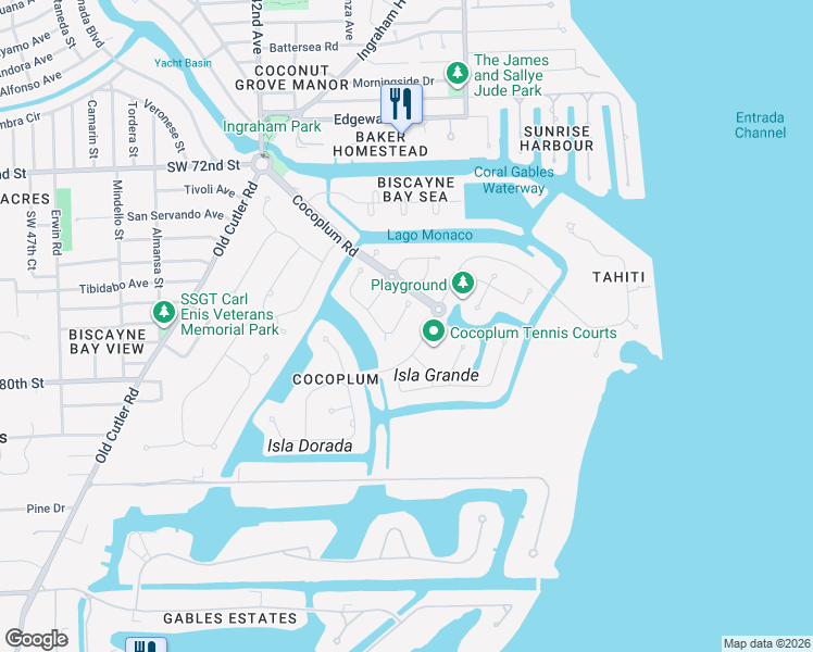 map of restaurants, bars, coffee shops, grocery stores, and more near 174 Isla Dorada Boulevard in Coral Gables