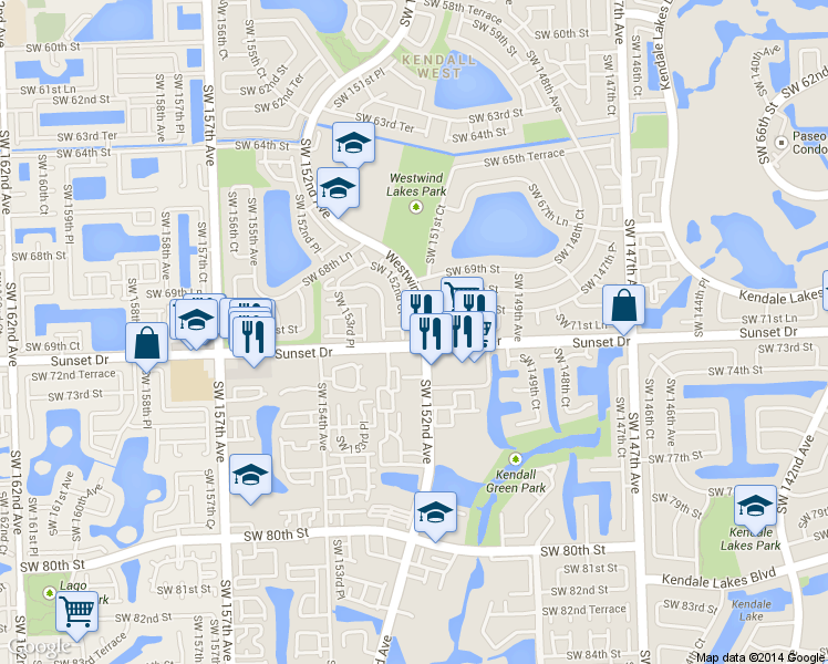 map of restaurants, bars, coffee shops, grocery stores, and more near 15216 SW 71st Ln in Miami