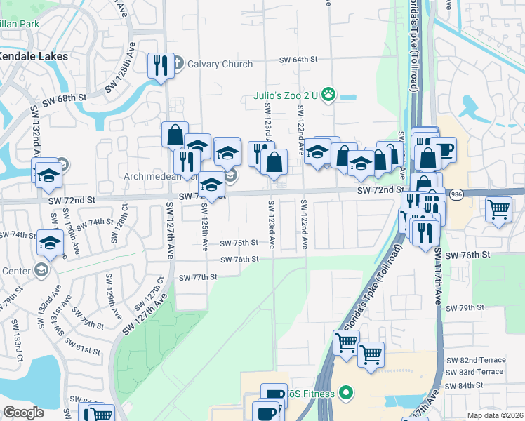 map of restaurants, bars, coffee shops, grocery stores, and more near 12460 Southwest 72nd Street in Miami