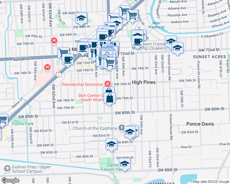 map of restaurants, bars, coffee shops, grocery stores, and more near 7716 Southwest 56th Avenue in Miami