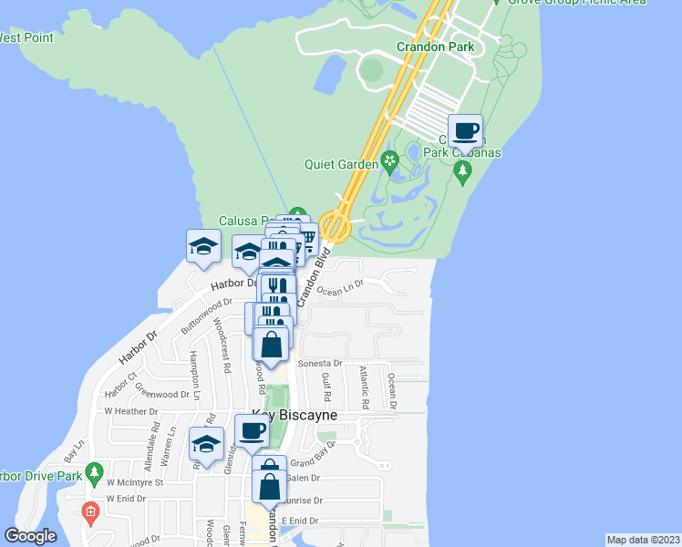 map of restaurants, bars, coffee shops, grocery stores, and more near 77 Ocean Lane Drive in Key Biscayne