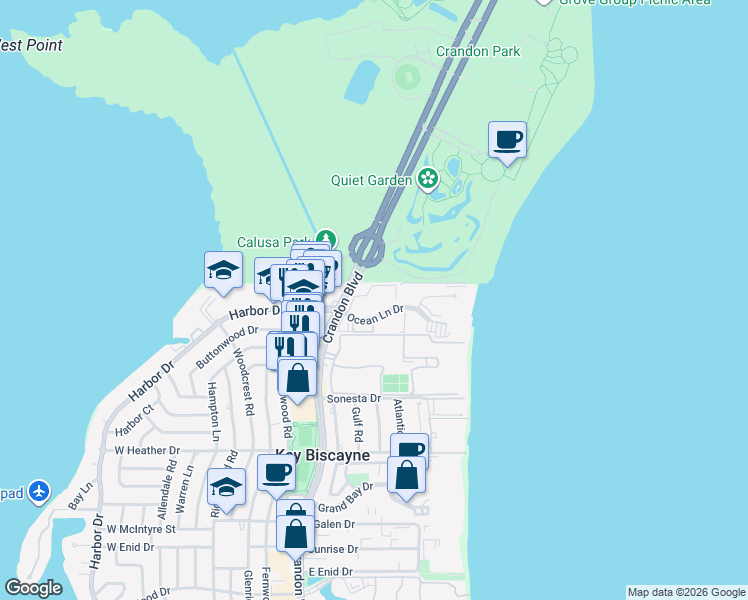 map of restaurants, bars, coffee shops, grocery stores, and more near 101 Ocean Lane Drive in Key Biscayne