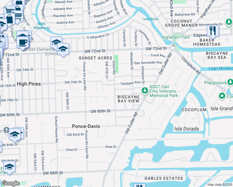 map of restaurants, bars, coffee shops, grocery stores, and more near 730 Tiziano Avenue in Coral Gables
