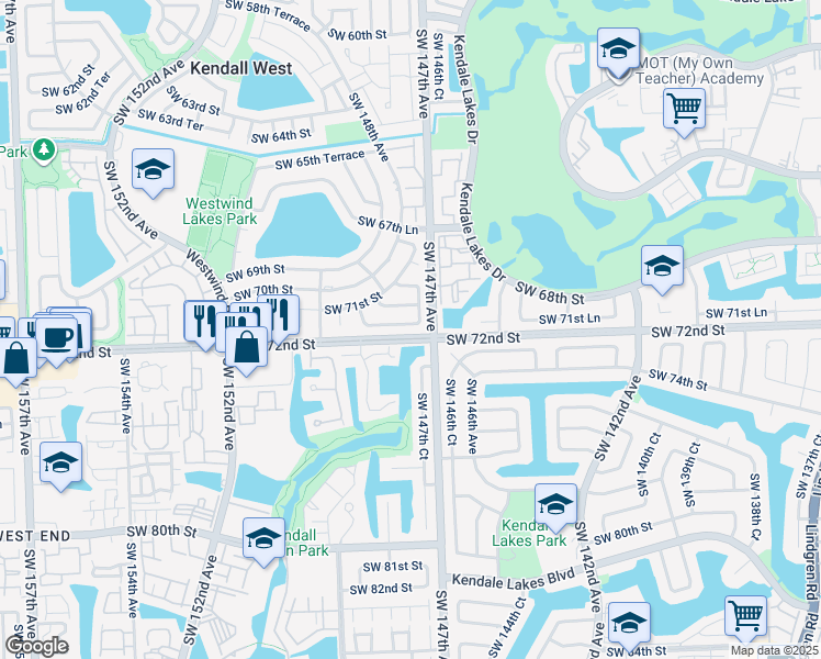 map of restaurants, bars, coffee shops, grocery stores, and more near 14748 Southwest 71st Lane in Miami