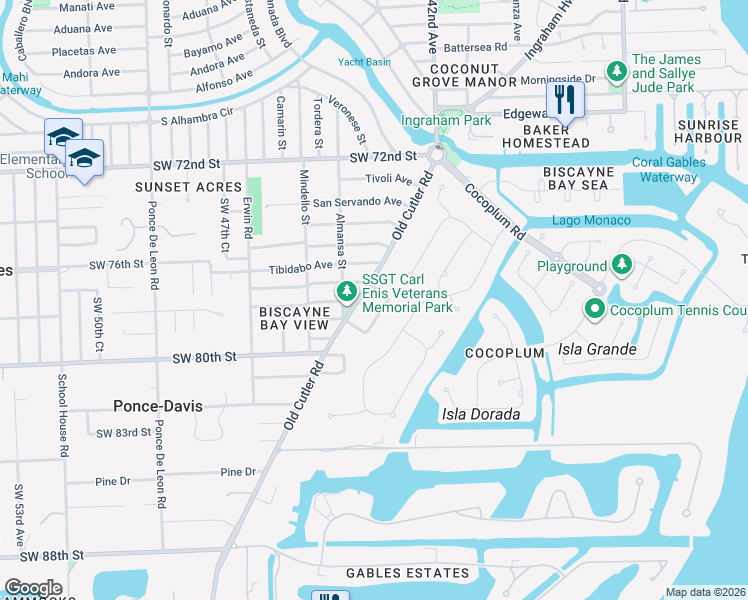 map of restaurants, bars, coffee shops, grocery stores, and more near 7601 Old Cutler Road in Coral Gables