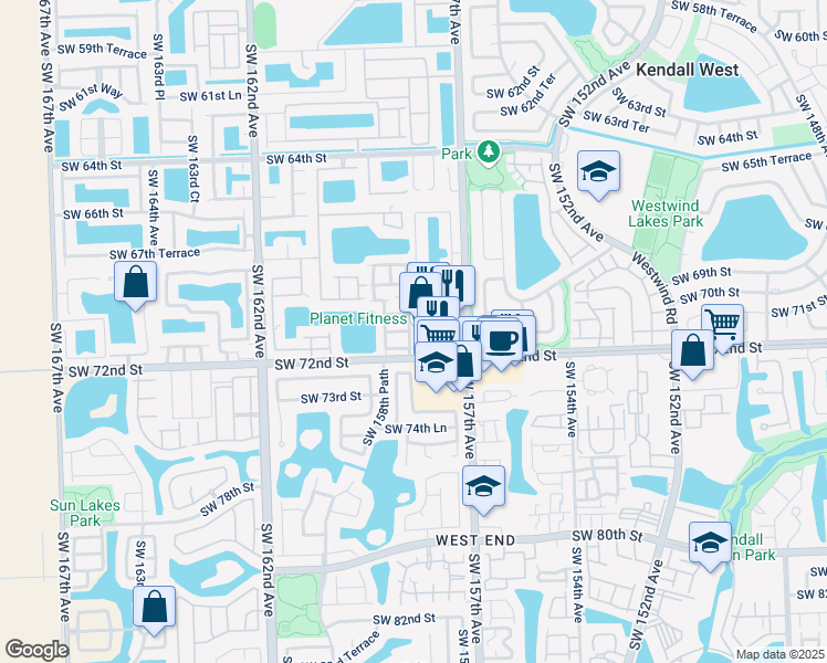 map of restaurants, bars, coffee shops, grocery stores, and more near Unnamed Road in Miami