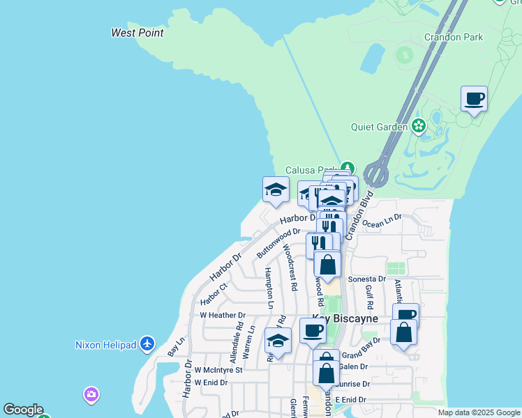 map of restaurants, bars, coffee shops, grocery stores, and more near 160 Harbor Drive in Key Biscayne