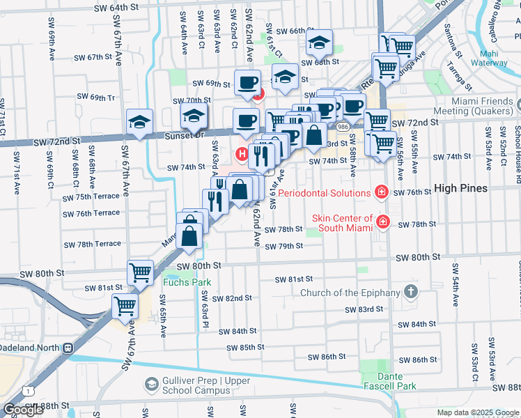 map of restaurants, bars, coffee shops, grocery stores, and more near in South Miami