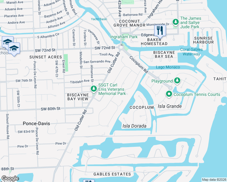 map of restaurants, bars, coffee shops, grocery stores, and more near 7556 Los Pinos Boulevard in Coral Gables