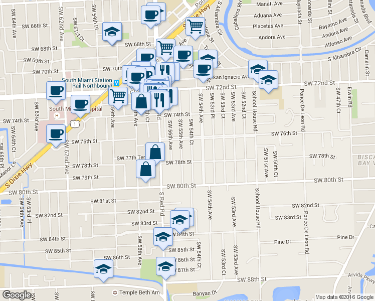 map of restaurants, bars, coffee shops, grocery stores, and more near 7721 Southwest 55th Avenue in Miami