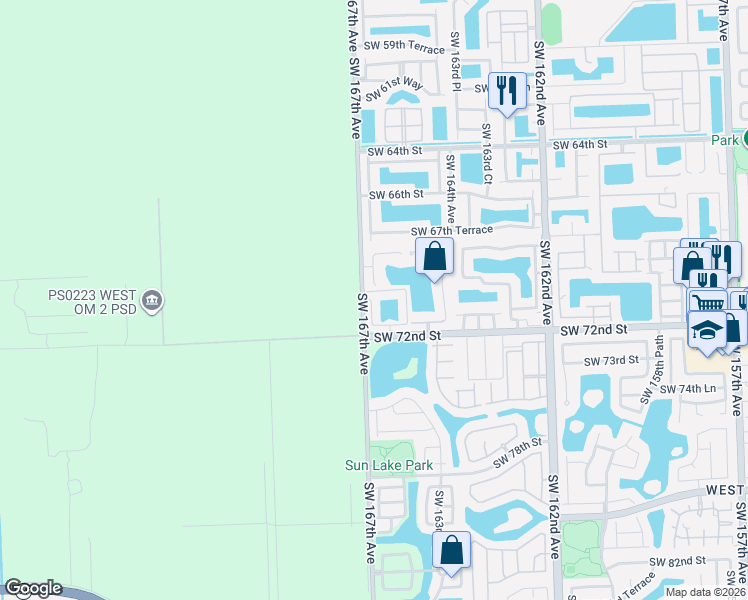 map of restaurants, bars, coffee shops, grocery stores, and more near 7063 Southwest 166th Place in Miami