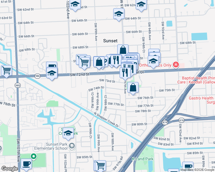 map of restaurants, bars, coffee shops, grocery stores, and more near 9800 Southwest 74th Street in Miami