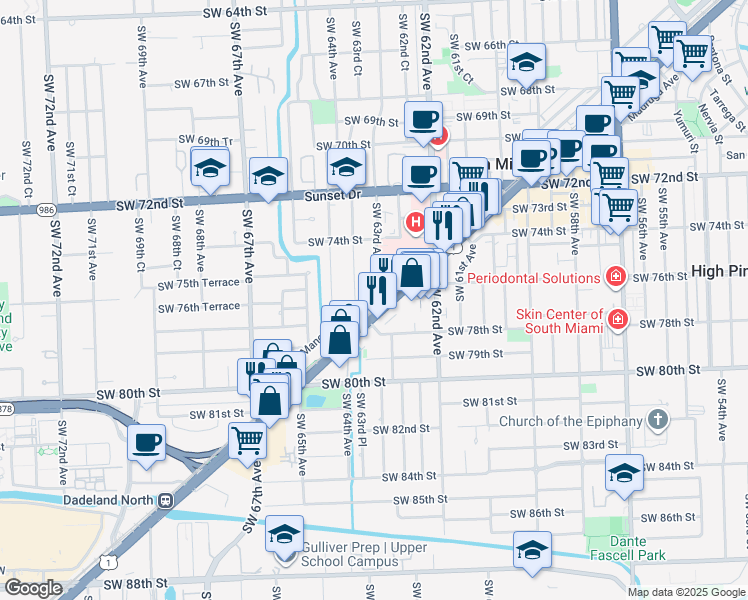 map of restaurants, bars, coffee shops, grocery stores, and more near 6356 Manor Lane in South Miami
