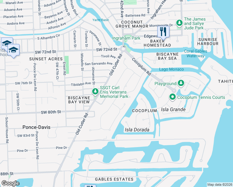 map of restaurants, bars, coffee shops, grocery stores, and more near 7540 Los Pinos Boulevard in Coral Gables