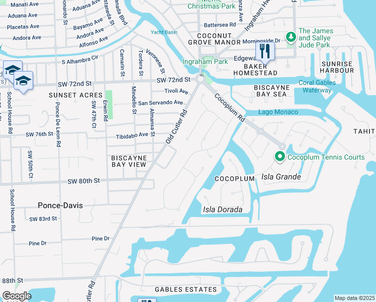 map of restaurants, bars, coffee shops, grocery stores, and more near 7556 Los Pinos Boulevard in Coral Gables